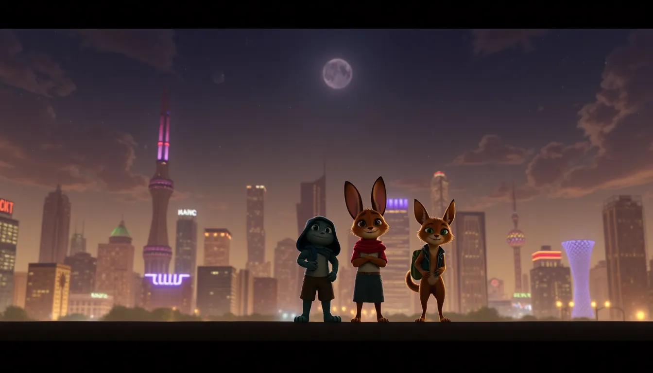 Zootopia city skyline with Judy and Nick on an adventure